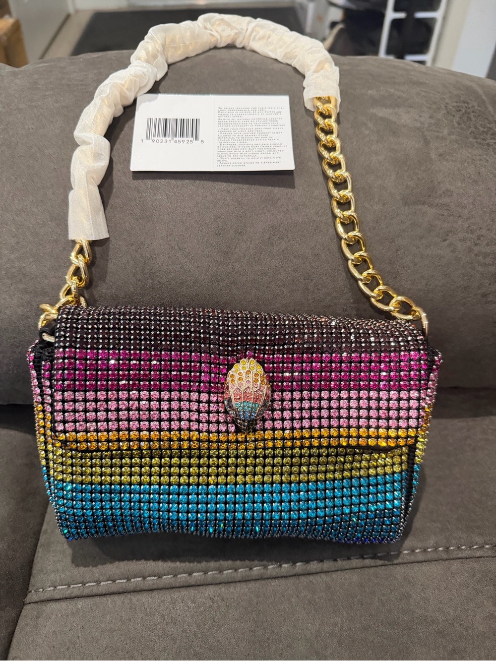 New Kurt Geiger Crystal-Embellished Multicolor Shoulder Bag with Gold Chain - Picture 1 of 6